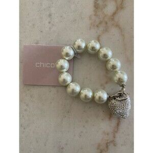 New With Tags Chico’s 30th Anniversary Faux Pearl Bracelet Pave Heart Charm
